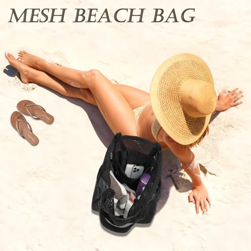 GYEUKHAM Mesh Beach Bag for Women, Sand-Resistant Pool Tote, 9 Pockets (1 Inner Zip), Foldable Family Travel Essentials - color: 6 Pockets-black