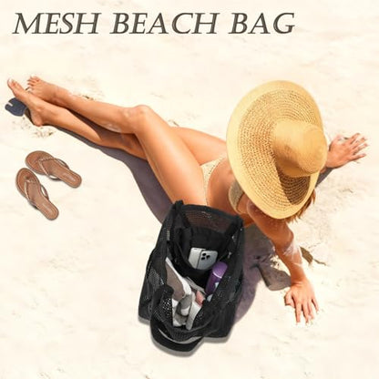 GYEUKHAM Mesh Beach Bag for Women, Sand-Resistant Pool Tote, 9 Pockets (1 Inner Zip), Foldable Family Travel Essentials - color: 6 Pockets-black