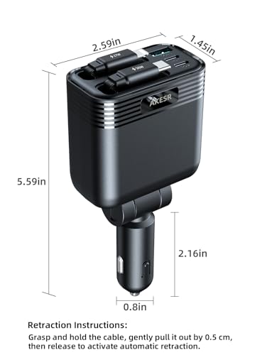 AKESR 5-in-1 Retractable Car Charger，66W Car Charger USB C Fast Charge