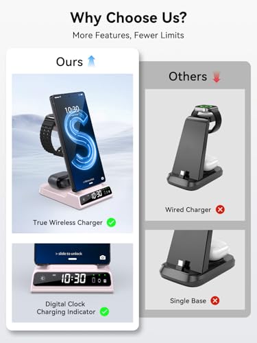 Wireless Charger for Samsung S25 with Clock 3 in 1 Android Charging Station - color: Pink