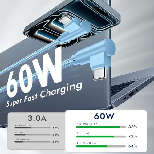 APFEN Right Angle USB C to USB C Cable, 60W Fast Charging 3-Pack 6FT - size: 6FT