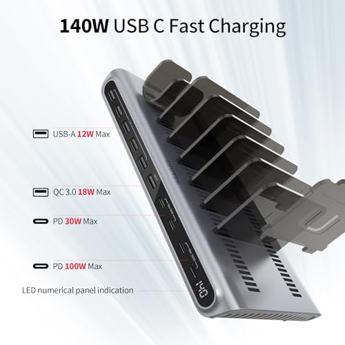 Unitek 140W 10-Port USB C Charging Station with Digital Display