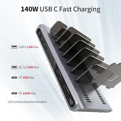 Unitek 140W 10-Port USB C Charging Station with Digital Display