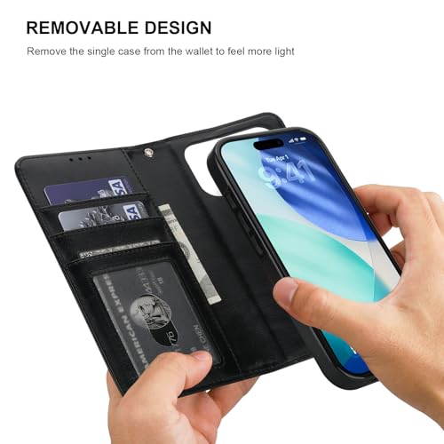 Bocasal Detachable Wallet Case Card Holder for iPhone 17 Pro, Black | RFID Blocking Kickstand Card Slots Holder PU Leather Magnetic Shockproof Wrist Strap Removable Flip Protective Cover 6.3 inch - color: Black