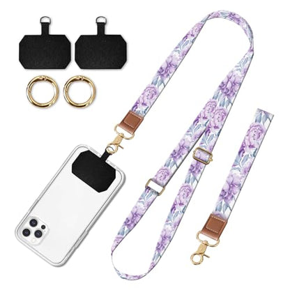 Cell Phone Lanyard Adjustable Crossbody Strap, Cute Phone Neck Wristlet Wrist Strap Patch for Keys Case Accessories - color: Beautiful Purple Flowers