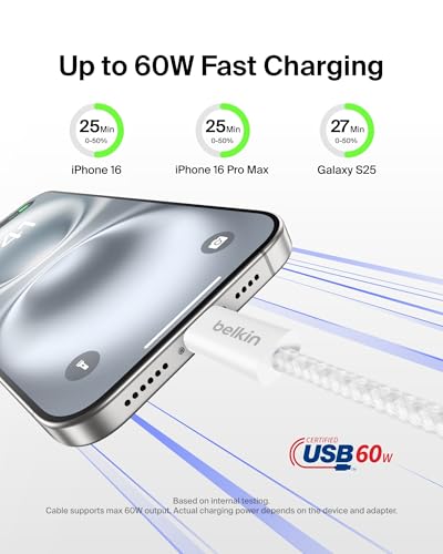 Belkin USB C to USB C 60W Braided Cable 2 Pack, 3.3ft iPhone Charger Cord - color: White, style: 3.3 ft - 2 pack