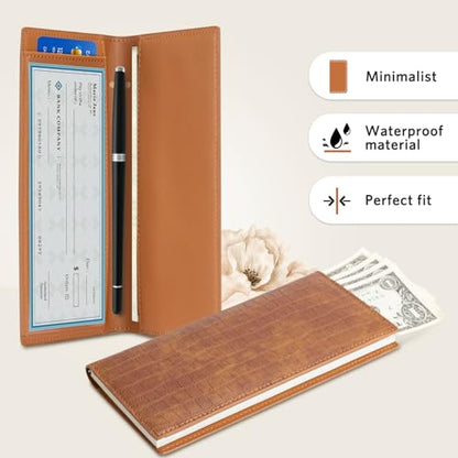 CoBak Checkbook Cover for Women & Men - PU Leather Case with RFID Blocking | Classic Design Check Book Holder for Personal and Business - color: Crocodile Brown