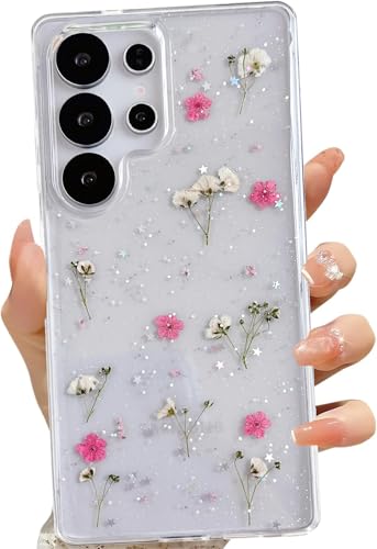 LSEEKA for Samsung Galaxy S25 Ultra Clear Case with Pressed Real Dried Pink Flower Design,Transparent Glitter Cute Floral Slim Soft TPU Protective Phone Cover for Samsung Galaxy S25 Ultra - color: Pink, size: for Samsung Galaxy S25 Ultra
