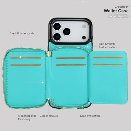 Bocasal Crossbody Wallet Case Card Holder for iPhone 17 Pro Max Mint Green | RFID Blocking PU Leather Zipper Handbag Purse, Kickstand Flip Folio Case with Card Slots Holder Wrist Strap Lanyard 6.9 Inch - color: Green