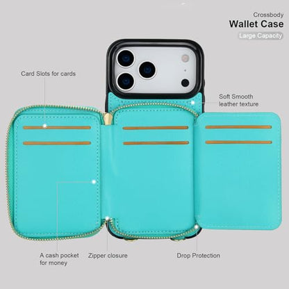 Bocasal Crossbody Wallet Case Card Holder for iPhone 17 Pro Max Mint Green | RFID Blocking PU Leather Zipper Handbag Purse, Kickstand Flip Folio Case with Card Slots Holder Wrist Strap Lanyard 6.9 Inch - color: Green