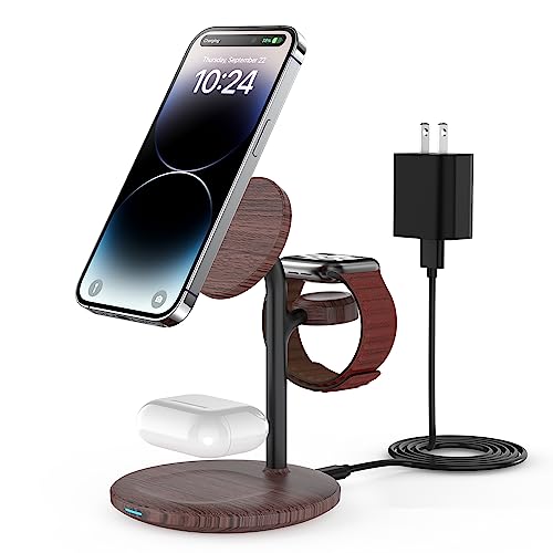 3 in 1 Magnetic Wireless Charging Station for Apple Devices,15W for Magsafe - color: Brown Woodgrain