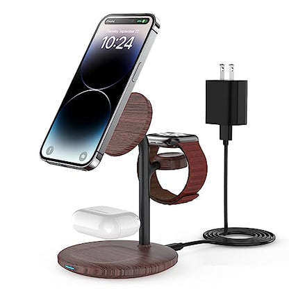 3 in 1 Magnetic Wireless Charging Station for Apple Devices,15W for Magsafe - color: Brown Woodgrain