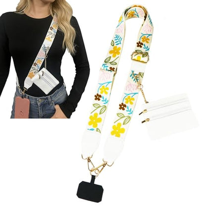 1Pack Canvas Phone Strap Crossbody Phone Strap Adjustable Anti Theft phone Lanyard for Women Phone Bags ID Cards - color: White Flower