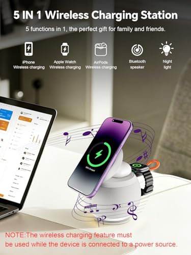 Bluetooth Speaker with Wireless Charging Stand, Brown, White - color: White