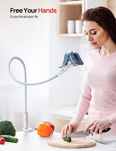 Aomiker Gooseneck Phone Holder for Bed - [Upgrade Nylon Braid] 38” Flexible Lazy Arm Clip, 360 Adjustable Overhead Phone Mount for iPhone 16 15 14 13 12 11 Pro Max Mini Plus, 4-7" Cellphone - White - color: White