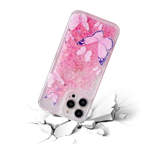 Compatible with iPhone 16 Pro Max Glitter Butterfly Case Glow in The Dark Women Girls Girly Bling Sparkle Flowing Quicksand Light up Case Soft TPU Bumper Luminous Clear Phone Cover, Pink - color: Pink, size: iPhone 16 Pro Max