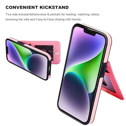 KIHUWEY for iPhone 14 Wallet Case Card Holder Kickstand, Pink - color: Pink