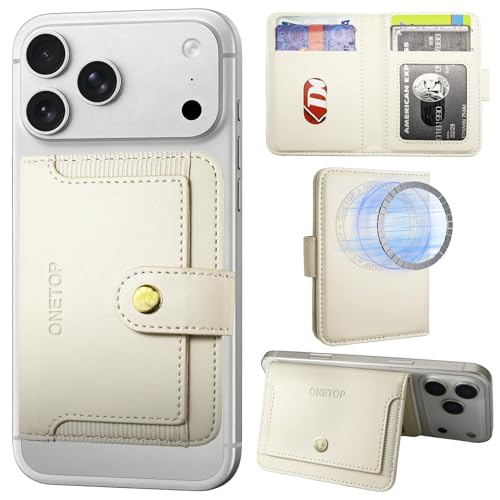 ONETOP for MagSafe Wallet,Magnetic Phone Wallet with 5 Card Slots,Beige | 1-12 Cards/Cash Holder for iPhone 17/16/15/14/13/12 Series,Detachable Wallet Stick-On Back,PU Leather RFID Blocking Kickstand - color: Beige