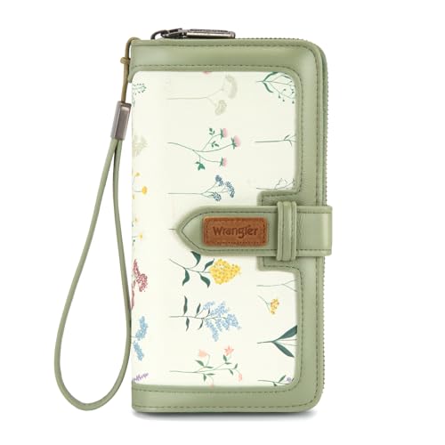 X Wrangler Women's Wallets Bifold Wristlet Wallets for Women Large Capacity Credit Card Wallet with ID Window - color: Floral-light Green
