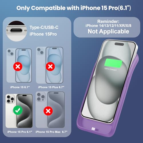 Feob Battery Case for iPhone 15Pro (6.1Inch), Real 7500mAh Ultra Slim Portable & 15W Fast Charging, Rechargeable Protective Extended Charger Case Cover Only for iPhone 15Pro Charging Case-Purple - color: Purple