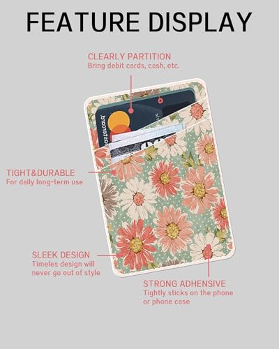 Phone Card Holder Leather, Dual Pocket Phone Wallet Adhesive Stick On, Cute Phone Case Credit Card Holder, Suitable for Most of Phones Retro Boho Flowers