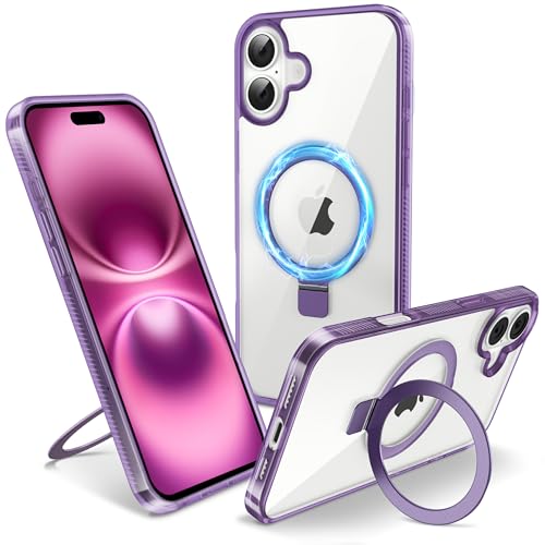 Magnetic Case for iPhone 16 - [Built-in Invisible Stand] [Compatible with MagSafe] [Military Grade Drop Protection] Anti-Yellowing Hard Back Silicone Edge Cover, 6.1", Clear Purple - color: Clear Purple, size: iPhone 16 6.1''