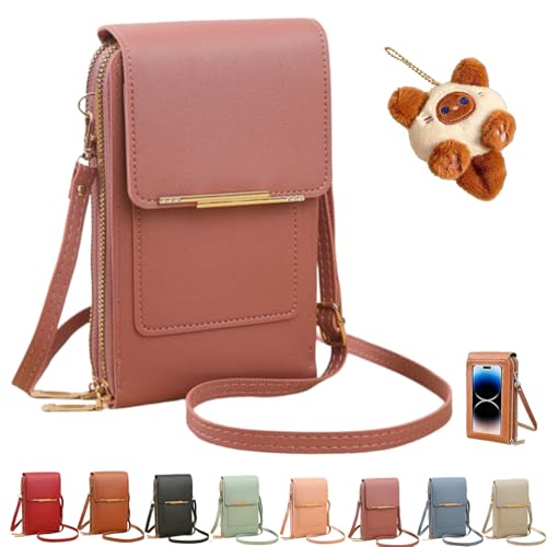 Women's Touch Screen Mobile Phone Messenger Bag,Anti-Theft Mobile Leather Bag,Leather Waterproof Crossbody Wallet Purse - color: Dark Pink
