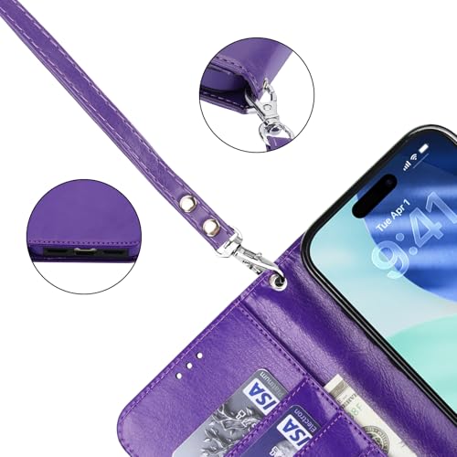 Bocasal Detachable Wallet Case Card Holder for iPhone 17 Pro Max Purple | RFID Blocking Kickstand Card Slots Holder PU Leather Magnetic Shockproof Wrist Strap Removable Flip Protective Cover 6.9 inch - color: Purple