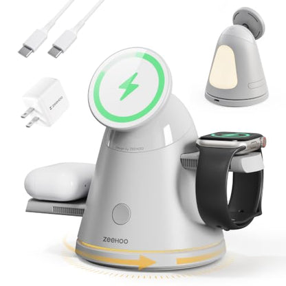 ZEEHOO 3 in 1 Charging Station for Apple Devices, Mag-Safe Charger Stand&Light,Fast Wireless Charging Station for iPhone 17/16/15/14/13/12&AirPods&iWatch&Pixel 10& Samsung Galaxy Watch-30W Adapter - color: Grey