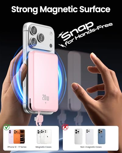 10000mAh Portable Charger, 20W Fast Charging, Built-in Cables with Handle | Charge from 20% to 85% in 30 Mins, 30% Smaller, magnetic grip, Stays Cool, LED Display, for iPhone, Samsung, Android Phones - color: 04.Pink