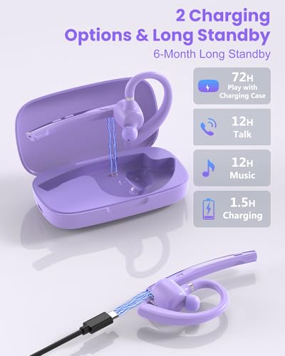 New Bee Bluetooth Headset V5.1 72H Talk Dual Mic with Mute Button for Work, Wireless Hand-Free Bluetooth Earpiece with 500mAh Charging Case for Cell Phone Calls Driver (M54, Purple) - color: Purple