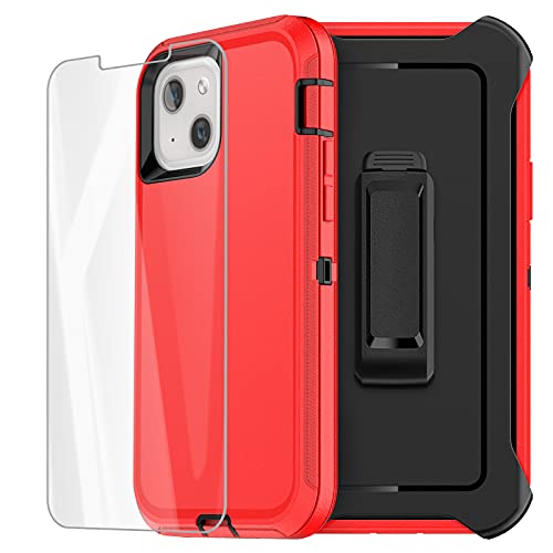 AICase for iPhone 13/iPhone 14 Case with Belt-Clip Holster, Screen Protector, Heavy Duty Protective Phone Case, Military Grade Full Body Protection Shockproof/Dustproof/Drop Proof Rugged Durabl (Red) - color: Red/Black with Belt