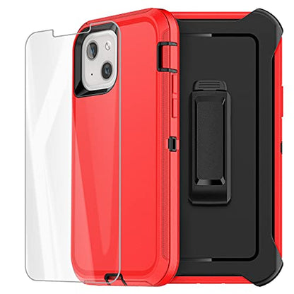 AICase for iPhone 13/iPhone 14 Case with Belt-Clip Holster, Screen Protector, Heavy Duty Protective Phone Case, Military Grade Full Body Protection Shockproof/Dustproof/Drop Proof Rugged Durabl (Red) - color: Red/Black with Belt