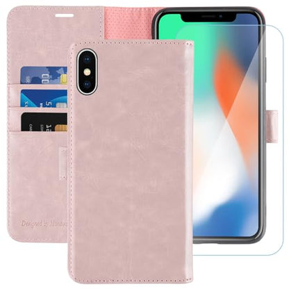 MONASAY Wallet Case for iPhone X/Xs with 3 Card Holders - Pinksand | Kickstand,RFID Blocking,6.6 feet of shock absorption,PU Leather,Strong Magnetic Closure,Fits 5.8 inch ONLY,screen Protector - color: Pinksand