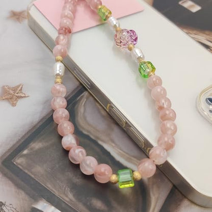 Cute Phone Wrist Strap Chic Beaded Cellphone Lanyard Phone Charm Grip Strap - color: Pink Flower