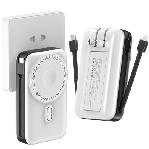 Magnetic Portable Charger 10000mAh for iPhone with Built-in Cables and Wall Plug,Wireless Power Bank with iWatch Charger,LCD Display 22.5W Fast Charging Battery Pack for iPhone 16/15/14/13/12 (White) - color: White