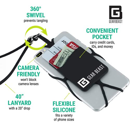 Gear Beast Cell Phone Lanyard - Universal Neck Phone Holder w/Card Pocket and Silicone Neck Strap (Black) - color: Black