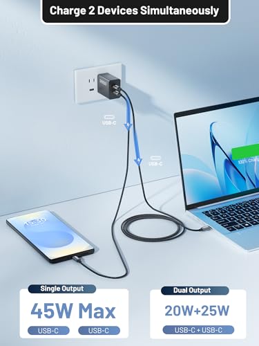 45W Dual USB C Fast Charger, Compact GaN PD PPS Fast Charging Block - color: 45W Black