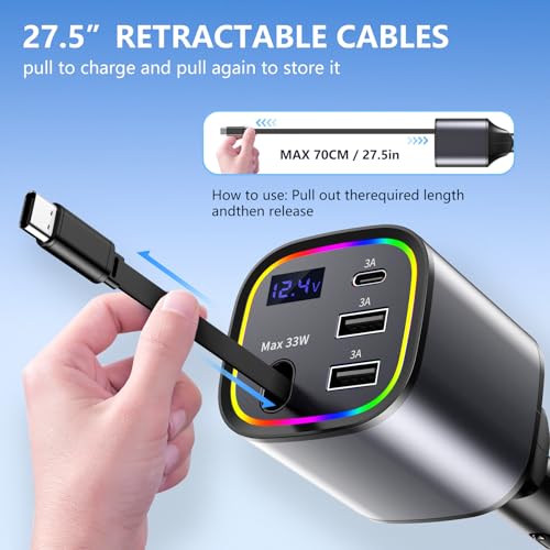 Retractable Car Charger, 4 in 1 Fast Car Charger 78W with 4 Ports(Grey) - color: Grey