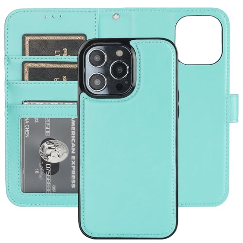 Bocasal Detachable Wallet Case Card Holder for iPhone 14 Pro Max Light Blue | RFID Blocking Kickstand Card Slots Holder PU Leather Magnetic Shockproof Wrist Strap Removable Flip Protective Cover 6.7 inch - color: Light Blue