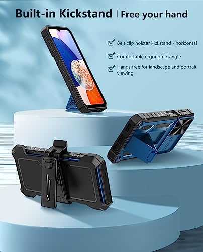 FNTCASE for Samsung Galaxy A14-5G Case with Slide Camera Cover & Holster | Built in Kickstand, Military Grade Dropproof Protection, Heavy Duty Rugged Phone case, Outdoor Protection - color: Blue Navy