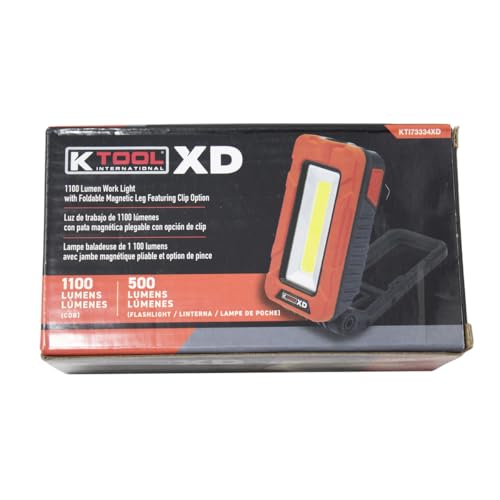 K Tool International 7334XD Rechargeable Work Light, 1100 Lumen COB with 500 Lumen Flashlight, Folding Stand, Magnetic Base, Type C Charging, Power Meter