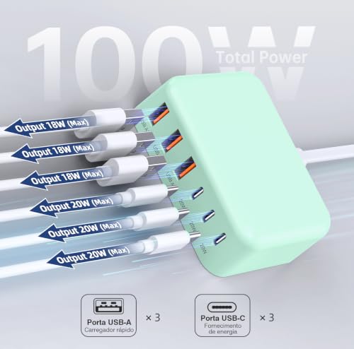 100W 6 in 1 USB Charger, 50% Smaller Charging Station for Multiple Devices - color: Light Green