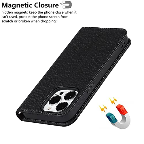iCoverCase Compatible with iPhone 13 Pro Wallet Case with Credit Card Holder and Wrist Strap, RFID Blocking Genuine Leather Flip Magnetic Phone Cover 6.1 Inch (All Black) - color: 1-All Black (No Headphone Storage Belt), size: iPhone 13 Pro