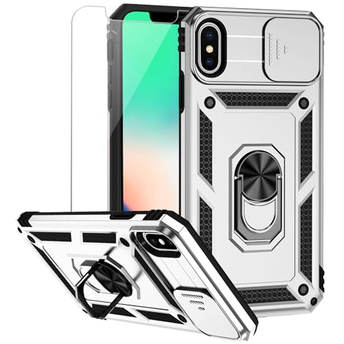 for iPhone XS Max Case with Camera Lens Cover HD Screen Protector, Dual Layer Military Grade Drop Protection Magnetic Ring Holder Kickstand Protective Phone Case for iPhone XS Max 6.5 inch (Silver) - color: Silver with camera cover Military-Grade 2nd gen