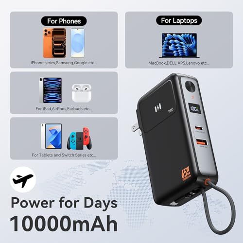 Selore&S-Global 3-in-1 Portable Phone Charger with Wall Plug, 10000mAh USB-C Power Bank with Built in Cable, 35W Portable Battery Pack for iPhone Samsung Android & 65W Wall Charger for Laptop MacBook