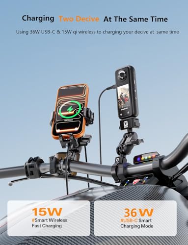 Kewig Motorcycle Phone Mount with Qi 15W Wireless & 36W USB C Charging Port