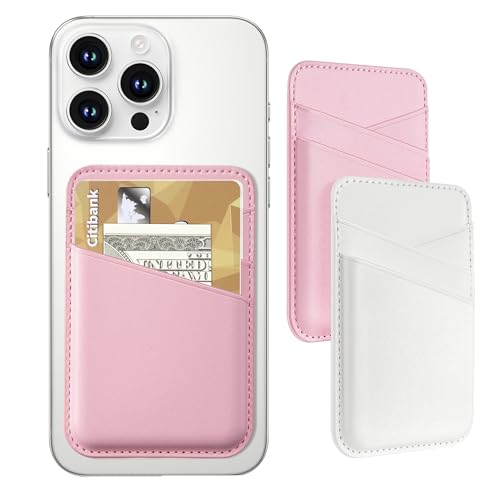 Senose Phone Wallet Stick on, 2 Pack Phone Card Holder for Phone Case, Leather Credit Card Sticky Wallet 3 Pockets Back of phone, Compatible for iPhone, Android, Samsung-White Pink - color: White Pink
