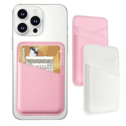 Senose Phone Wallet Stick on, 2 Pack Phone Card Holder for Phone Case, Leather Credit Card Sticky Wallet 3 Pockets Back of phone, Compatible for iPhone, Android, Samsung-White Pink - color: White Pink