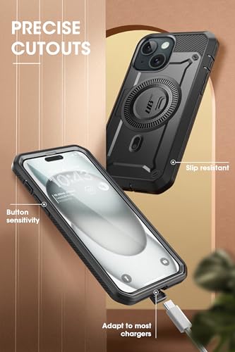 SUPCASE for iPhone 15 Case (6.1 inch), Compatible with MagSafe, Black | Built-in Kickstand, 360° Rotating Belt Clip,Screen Protector, Rugged Case for iPhone 14/13,Mil-Grade Protection, UB Pro Mag - color: Black